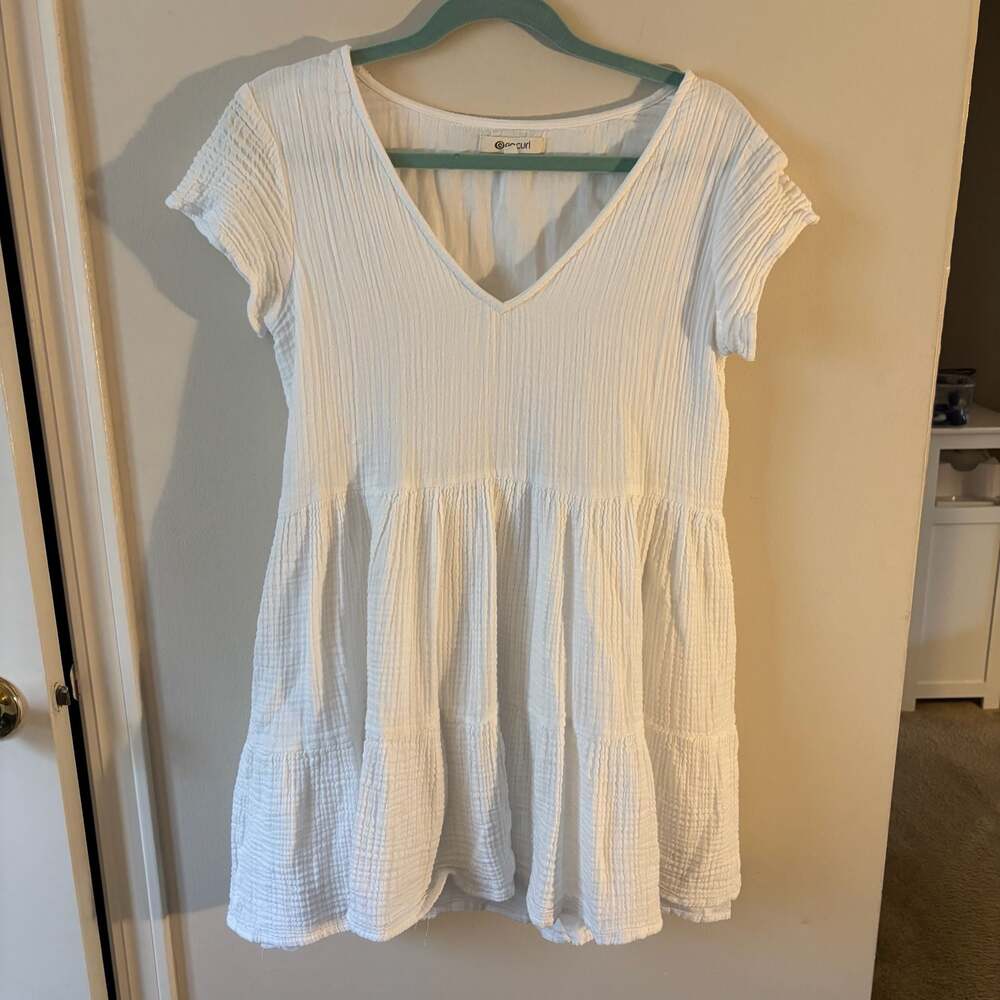 Rip Curl White Cotton Gauze Tiered V-Neck Mini Dress Size S